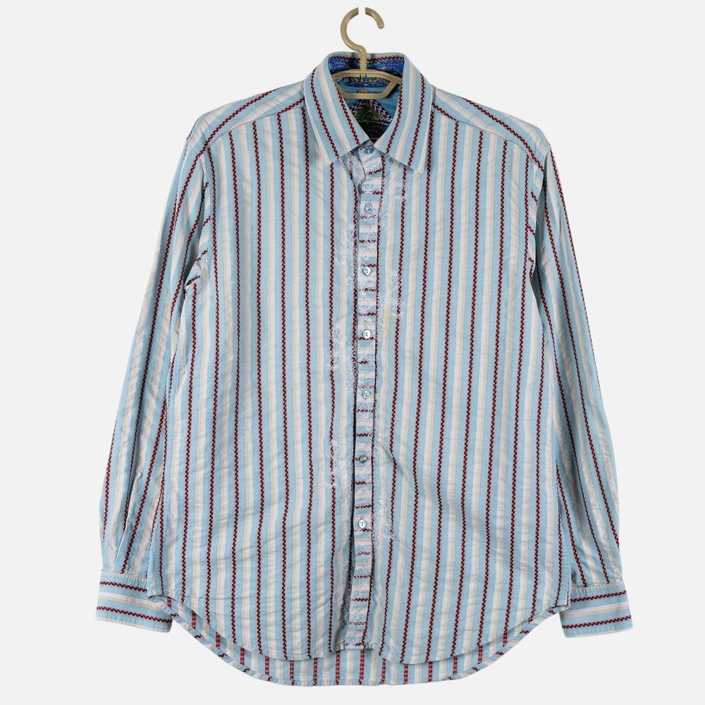 Robert Graham Shirt Button Up Blue Striped Mens L Embroidered